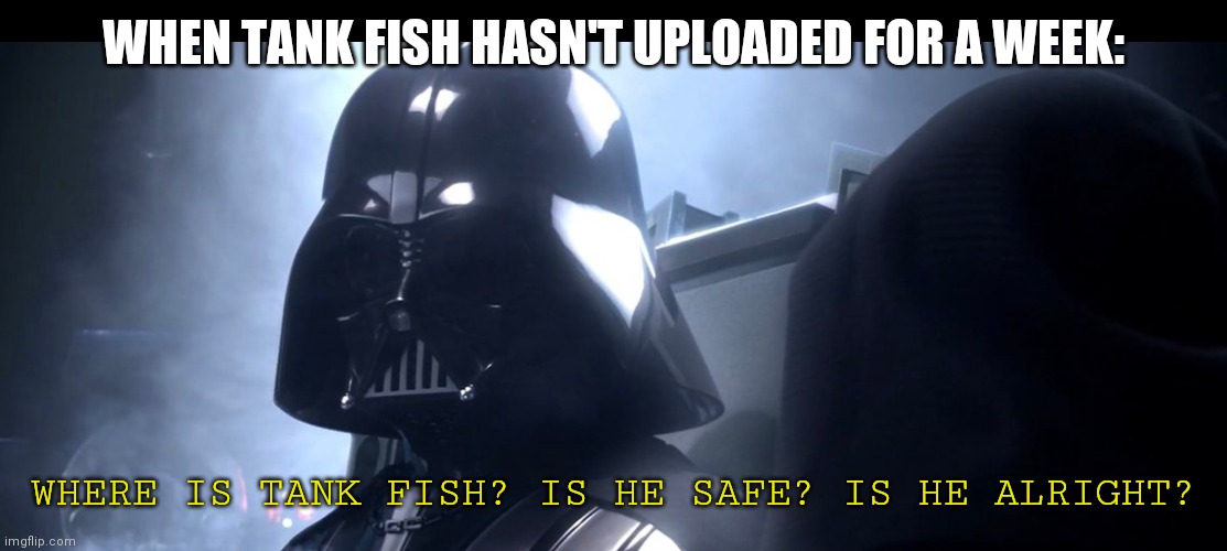 The e | WHEN TANK FISH HASN'T UPLOADED FOR A WEEK:; WHERE IS TANK FISH? IS HE SAFE? IS HE ALRIGHT? | image tagged in darth vader is she safe | made w/ Imgflip meme maker
