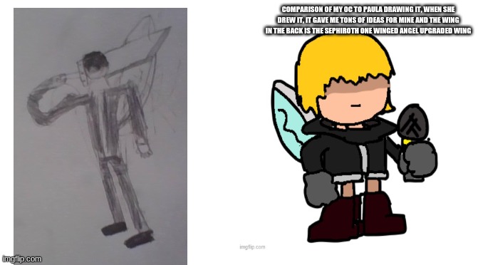 Starter Pack | COMPARISON OF MY OC TO PAULA DRAWING IT, WHEN SHE DREW IT, IT GAVE ME TONS OF IDEAS FOR MINE AND THE WING IN THE BACK IS THE SEPHIROTH ONE WINGED ANGEL UPGRADED WING | image tagged in starter pack | made w/ Imgflip meme maker