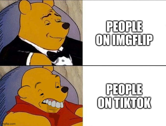 Tuxedo Winnie the Pooh grossed reverse | PEOPLE ON IMGFLIP; PEOPLE ON TIKTOK | image tagged in tuxedo winnie the pooh grossed reverse | made w/ Imgflip meme maker