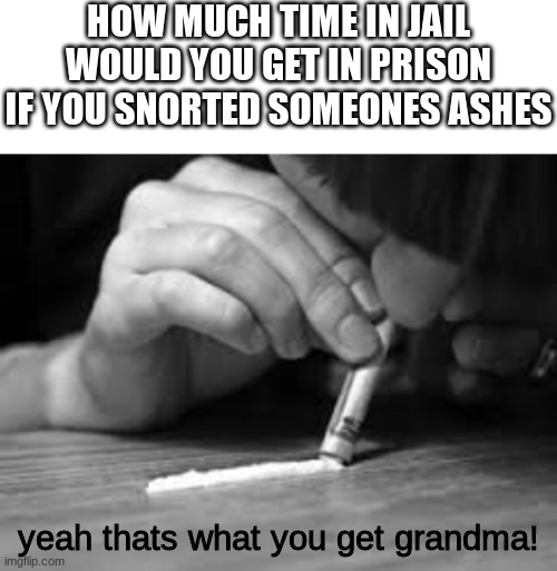 questions that keep me up at night | HOW MUCH TIME IN JAIL WOULD YOU GET IN PRISON IF YOU SNORTED SOMEONES ASHES; yeah thats what you get grandma! | image tagged in blank white template,snorting | made w/ Imgflip meme maker
