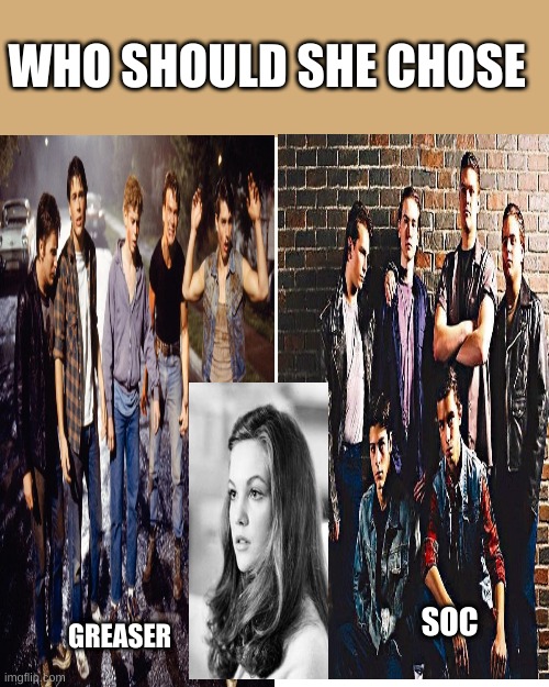 the Outsiders | WHO SHOULD SHE CHOSE; SOC; GREASER | image tagged in memes,books | made w/ Imgflip meme maker