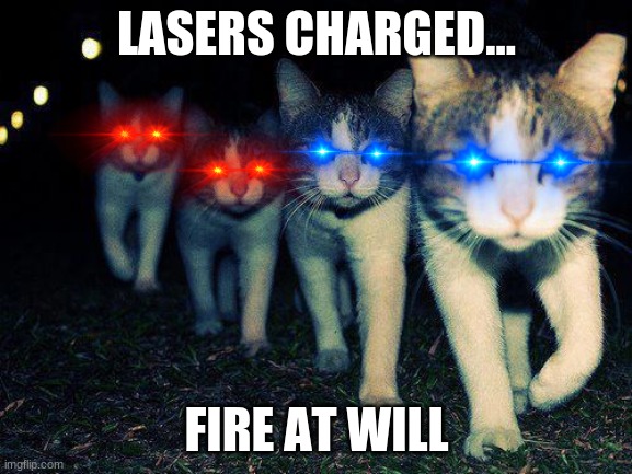 Wrong Neighboorhood Cats Meme | LASERS CHARGED... FIRE AT WILL | image tagged in memes,wrong neighboorhood cats | made w/ Imgflip meme maker
