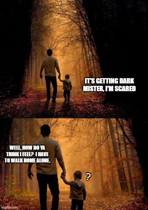 IT'S GETTING DARK MISTER, I'M SCARED; WELL, HOW DO YA THINK I FEEL?  I HAVE TO WALK HOME ALONE. ? | image tagged in dark humor | made w/ Imgflip meme maker
