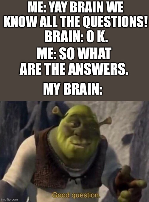 This happend to to | ME: YAY BRAIN WE KNOW ALL THE QUESTIONS! BRAIN: O K. ME: SO WHAT ARE THE ANSWERS. MY BRAIN: | image tagged in shrek good question,barney will eat all of your delectable biscuits | made w/ Imgflip meme maker