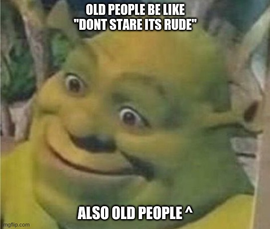old people be like | OLD PEOPLE BE LIKE "DONT STARE ITS RUDE"; ALSO OLD PEOPLE ^ | image tagged in shrek,memes | made w/ Imgflip meme maker