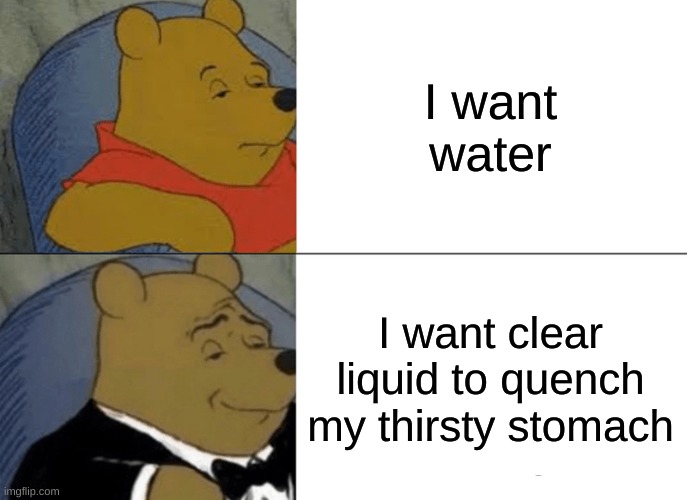 water. | I want water; I want clear liquid to quench my thirsty stomach | image tagged in memes,tuxedo winnie the pooh | made w/ Imgflip meme maker