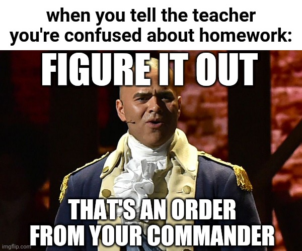 True | when you tell the teacher you're confused about homework:; FIGURE IT OUT; THAT'S AN ORDER FROM YOUR COMMANDER | image tagged in george washington hamilton,funny,school,hamilton | made w/ Imgflip meme maker