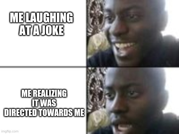 Realization | ME LAUGHING AT A JOKE; ME REALIZING IT WAS DIRECTED TOWARDS ME | image tagged in funny | made w/ Imgflip meme maker
