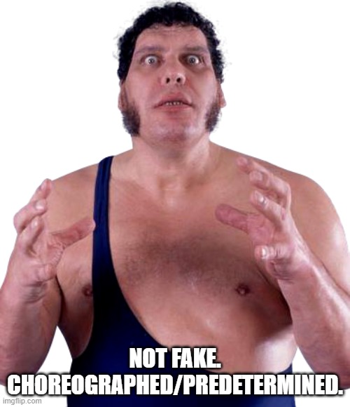 It was not "FAKE" | NOT FAKE. CHOREOGRAPHED/PREDETERMINED. | image tagged in andre the giant,pro wrestling | made w/ Imgflip meme maker