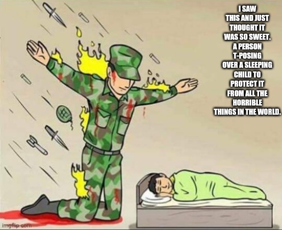 I saw this and thought it was sweet | I SAW THIS AND JUST THOUGHT IT WAS SO SWEET. A PERSON T-POSING OVER A SLEEPING CHILD TO PROTECT IT FROM ALL THE HORRIBLE THINGS IN THE WORLD. | image tagged in soldier protecting sleeping child | made w/ Imgflip meme maker