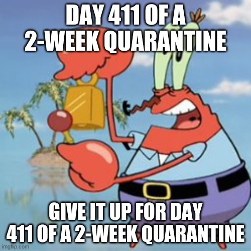 YIKES, has it been 411 days? | DAY 411 OF A 2-WEEK QUARANTINE; GIVE IT UP FOR DAY 411 OF A 2-WEEK QUARANTINE | image tagged in mr krabs give it up,covid-19,quarantine,crazy | made w/ Imgflip meme maker