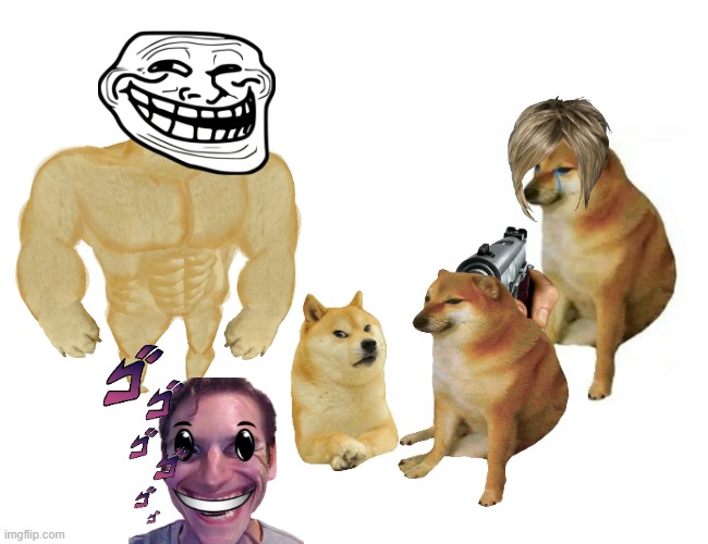 why have I created this | image tagged in memes,buff doge vs cheems,shooting,sus | made w/ Imgflip meme maker