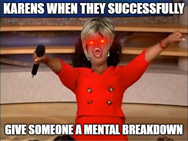 Happens more than you think tbh... | KARENS WHEN THEY SUCCESSFULLY; GIVE SOMEONE A MENTAL BREAKDOWN | image tagged in memes,oprah you get a | made w/ Imgflip meme maker