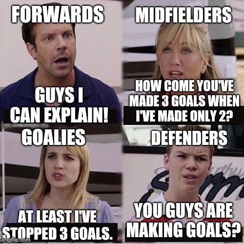 During halftime |  MIDFIELDERS; FORWARDS; HOW COME YOU'VE MADE 3 GOALS WHEN I'VE MADE ONLY 2? GUYS I CAN EXPLAIN! GOALIES; DEFENDERS; YOU GUYS ARE MAKING GOALS? AT LEAST I'VE STOPPED 3 GOALS. | image tagged in soccer,defense,lol | made w/ Imgflip meme maker