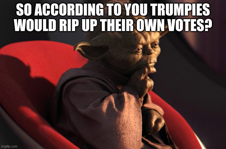 thinking_yoda | SO ACCORDING TO YOU TRUMPIES WOULD RIP UP THEIR OWN VOTES? | image tagged in thinking_yoda | made w/ Imgflip meme maker