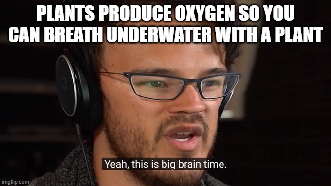 PLANTS PRODUCE OXYGEN SO YOU CAN BREATH UNDERWATER WITH A PLANT | image tagged in markiplier,big brain,tree | made w/ Imgflip meme maker