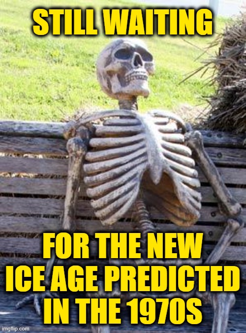 Waiting Skeleton Meme | STILL WAITING FOR THE NEW ICE AGE PREDICTED IN THE 1970S | image tagged in memes,waiting skeleton | made w/ Imgflip meme maker