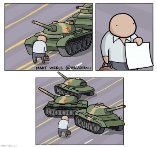 tank swerves around guy with paper Blank Meme Template