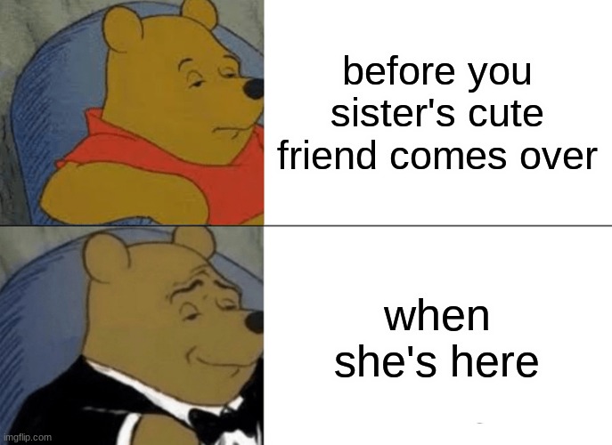 Tuxedo Winnie The Pooh Meme | before you sister's cute friend comes over; when she's here | image tagged in memes,tuxedo winnie the pooh | made w/ Imgflip meme maker