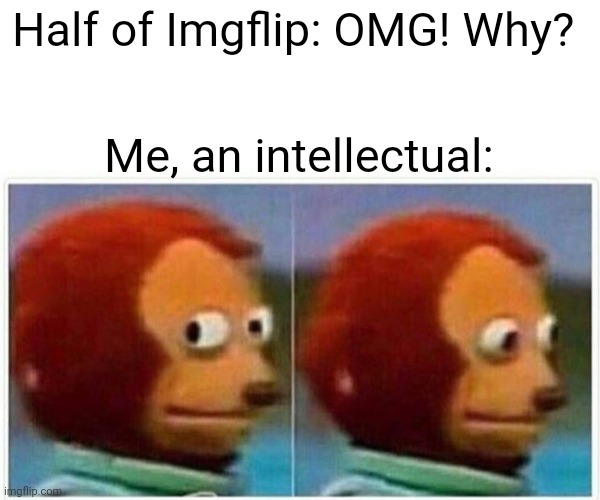 Monkey Puppet Meme | Half of Imgflip: OMG! Why? Me, an intellectual: | image tagged in memes,monkey puppet | made w/ Imgflip meme maker