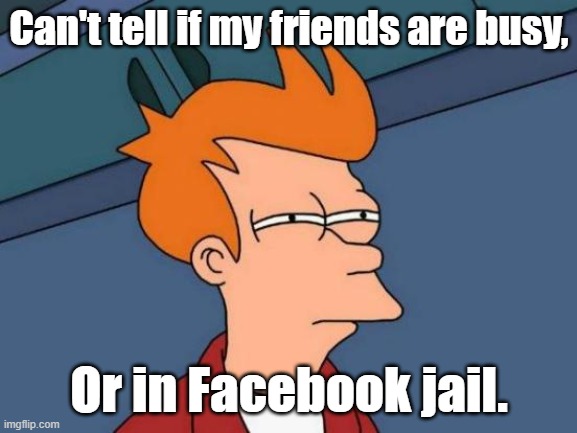 Busy or in FB jail | Can't tell if my friends are busy, Or in Facebook jail. | image tagged in memes,futurama fry | made w/ Imgflip meme maker