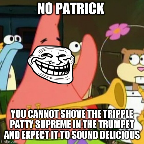 No Patrick | NO PATRICK; YOU CANNOT SHOVE THE TRIPPLE PATTY SUPREME IN THE TRUMPET AND EXPECT IT TO SOUND DELICIOUS | image tagged in memes,no patrick,fun | made w/ Imgflip meme maker