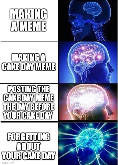 Cake day 3000 | MAKING A MEME; MAKING A CAKE DAY MEME; POSTING THE CAKE DAY MEME THE DAY BEFORE YOUR CAKE DAY; FORGETTING ABOUT YOUR CAKE DAY | image tagged in memes,expanding brain | made w/ Imgflip meme maker