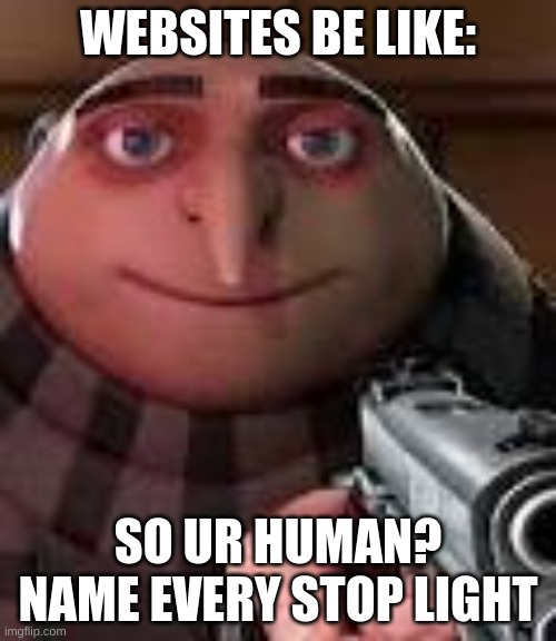 Gru with Gun | WEBSITES BE LIKE:; SO UR HUMAN? NAME EVERY STOP LIGHT | image tagged in gru with gun | made w/ Imgflip meme maker