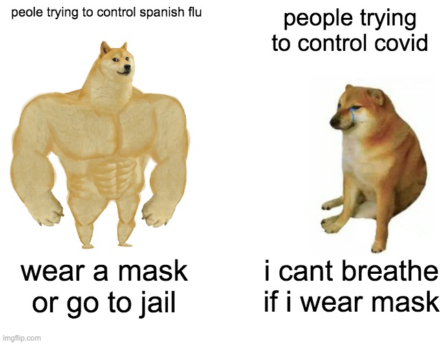 Buff Doge vs. Cheems Meme | peole trying to control spanish flu; people trying to control covid; wear a mask or go to jail; i cant breathe if i wear mask | image tagged in memes,buff doge vs cheems | made w/ Imgflip meme maker