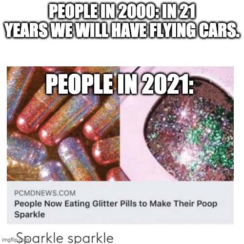 PEOPLE IN 2000: IN 21 YEARS WE WILL HAVE FLYING CARS. PEOPLE IN 2021: | image tagged in memes,funny | made w/ Imgflip meme maker