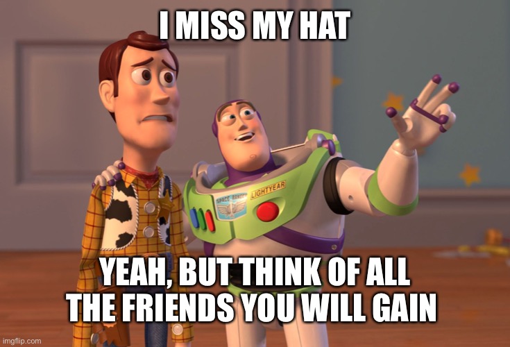 X, X Everywhere | I MISS MY HAT; YEAH, BUT THINK OF ALL THE FRIENDS YOU WILL GAIN | image tagged in memes,x x everywhere | made w/ Imgflip meme maker