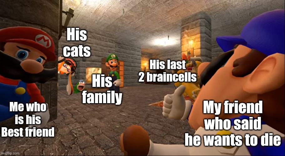 This has not actually happened | His cats; His last 2 braincells; His family; Me who is his Best friend; My friend who said he wants to die | image tagged in smg4 pizza | made w/ Imgflip meme maker