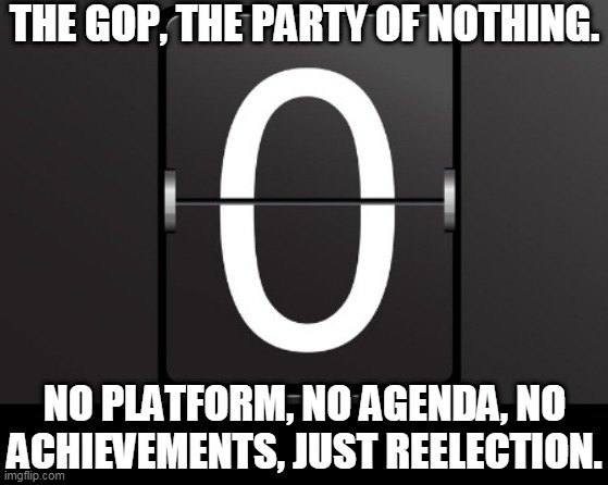 The Party without a Cause. | THE GOP, THE PARTY OF NOTHING. NO PLATFORM, NO AGENDA, NO ACHIEVEMENTS, JUST REELECTION. | image tagged in zero counter,gop,republican party,no,brains,purpose | made w/ Imgflip meme maker