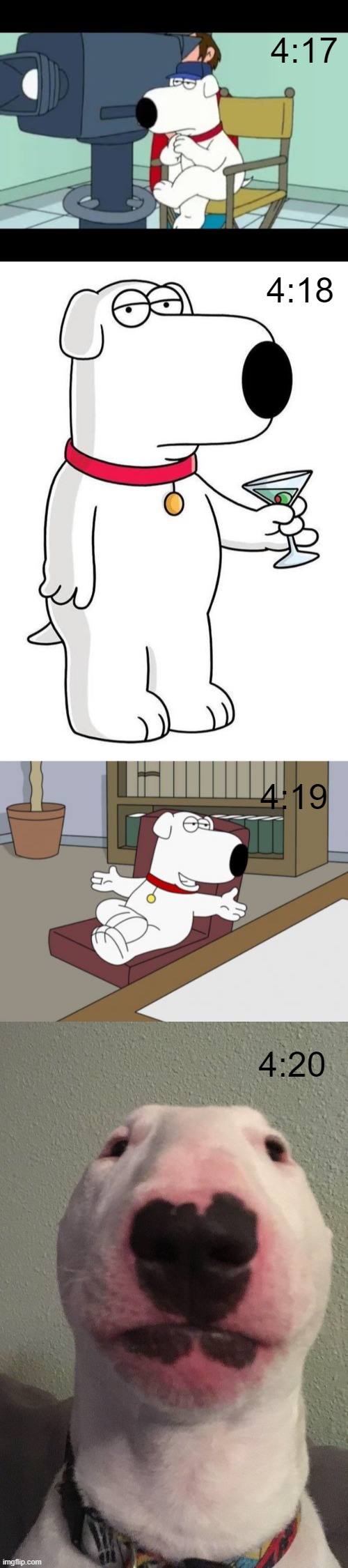 4:20 | 4:17; 4:18; 4:19; 4:20 | image tagged in brian director,sarcastic brian griffin,brian griffin,walter,420,marijuana | made w/ Imgflip meme maker