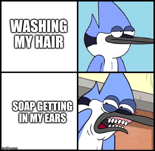Disgusted Mordecai | WASHING MY HAIR; SOAP GETTING IN MY EARS | image tagged in mordecai disgusted | made w/ Imgflip meme maker
