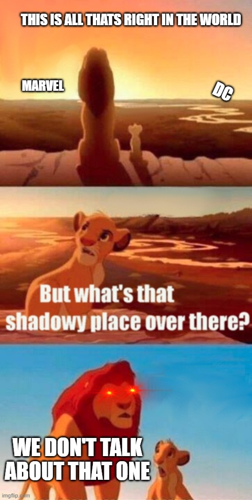 Simba Shadowy Place Meme | THIS IS ALL THATS RIGHT IN THE WORLD; MARVEL; DC; WE DON'T TALK ABOUT THAT ONE | image tagged in memes,simba shadowy place | made w/ Imgflip meme maker