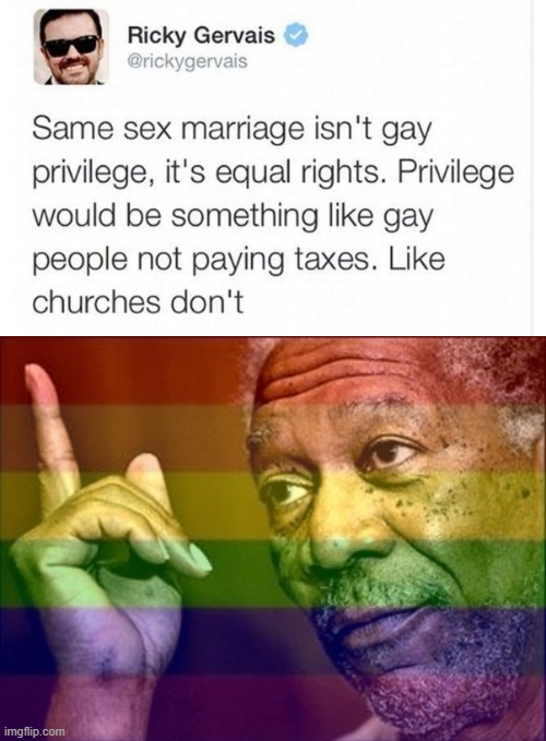 no no he's got a point | image tagged in ricky gervais same-sex marriage,gay morgan freeman this,gay marriage,equal rights,equality,lgbtq | made w/ Imgflip meme maker