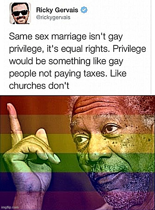 no no he's got a point | image tagged in ricky gervais same-sex marriage,gay morgan freeman this | made w/ Imgflip meme maker
