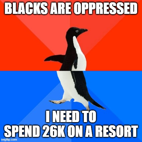 From Mansions to resorts | BLACKS ARE OPPRESSED; I NEED TO SPEND 26K ON A RESORT | image tagged in memes,socially awesome awkward penguin,blm,money | made w/ Imgflip meme maker