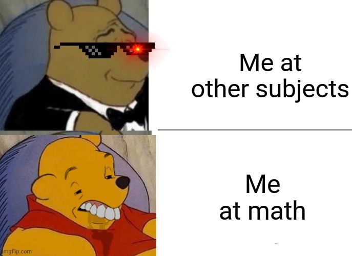 The test in a nutshell | Me at other subjects; Me at math | image tagged in memes,tuxedo winnie the pooh | made w/ Imgflip meme maker