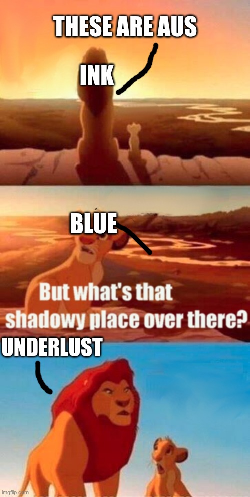 Simba Shadowy Place | THESE ARE AUS; INK; BLUE; UNDERLUST | image tagged in memes,simba shadowy place,au,undertale | made w/ Imgflip meme maker