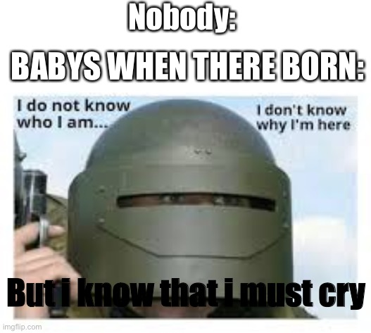 Babys theses seconds | Nobody:; BABYS WHEN THERE BORN:; But i know that i must cry | image tagged in i dont know who i am | made w/ Imgflip meme maker