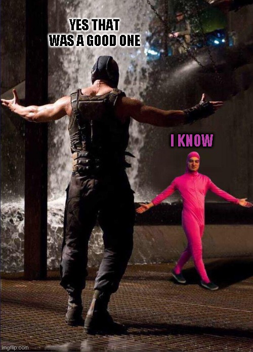 Pink Guy vs Bane | I KNOW YES THAT WAS A GOOD ONE | image tagged in pink guy vs bane | made w/ Imgflip meme maker