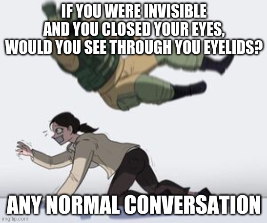 We will never know | IF YOU WERE INVISIBLE AND YOU CLOSED YOUR EYES, WOULD YOU SEE THROUGH YOU EYELIDS? ANY NORMAL CONVERSATION | image tagged in normal conversation,memes | made w/ Imgflip meme maker