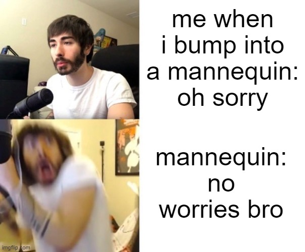 wait wtf did you just say |  me when i bump into a mannequin: oh sorry; mannequin: no worries bro | image tagged in penguinz0,memes | made w/ Imgflip meme maker