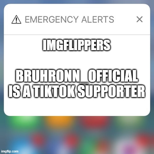 Emergency Alert | IMGFLIPPERS BRUHRONN_OFFICIAL IS A TIKTOK SUPPORTER | image tagged in emergency alert | made w/ Imgflip meme maker