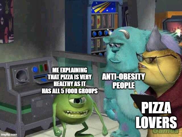 Cheese, Tomato, Spices, Pepperoni and the outside parts (the bread) | ANTI-OBESITY PEOPLE; ME EXPLAINING THAT PIZZA IS VERY HEALTHY AS IT HAS ALL 5 FOOD GROUPS; PIZZA LOVERS | image tagged in mike wazowski trying to explain,pizza,healthy | made w/ Imgflip meme maker