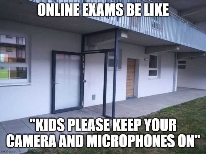 That will surely prevent from cheating in exams. | ONLINE EXAMS BE LIKE; "KIDS PLEASE KEEP YOUR CAMERA AND MICROPHONES ON" | image tagged in useless door | made w/ Imgflip meme maker