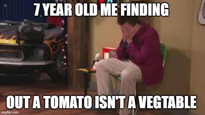 7 Year old me | 7 YEAR OLD ME FINDING; OUT A TOMATO ISN'T A VEGTABLE | image tagged in crying gibby | made w/ Imgflip meme maker