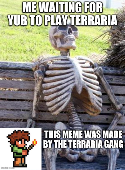 Waiting Skeleton Meme | ME WAITING FOR YUB TO PLAY TERRARIA; THIS MEME WAS MADE BY THE TERRARIA GANG | image tagged in memes,waiting skeleton | made w/ Imgflip meme maker